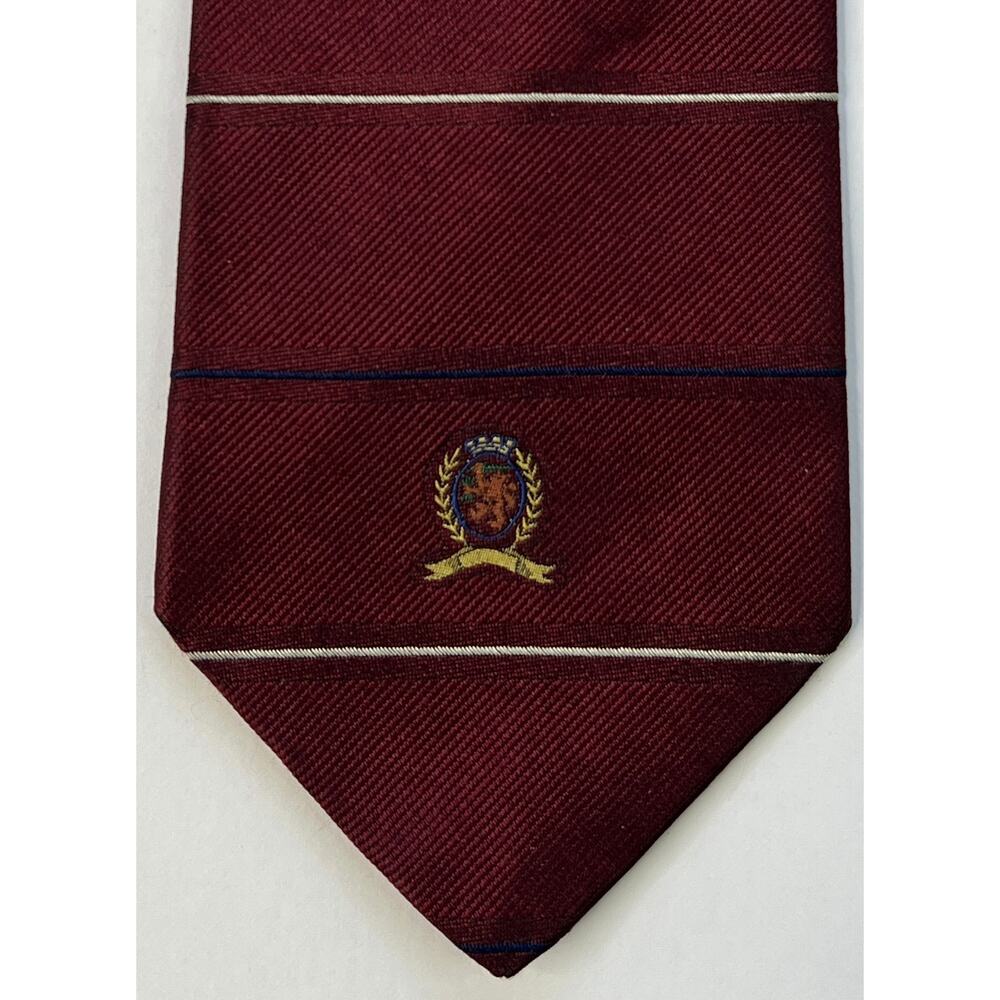Tommy Hilfiger Mens Silk Tie Burgundy Navy White Stripe Crest USA Classic